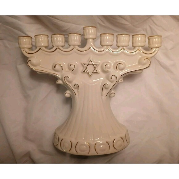 Vintage Ceramic Cream & Gold Trimmed Judaica Hanukkah Menorah Candle Holder - Picture 3 of 6
